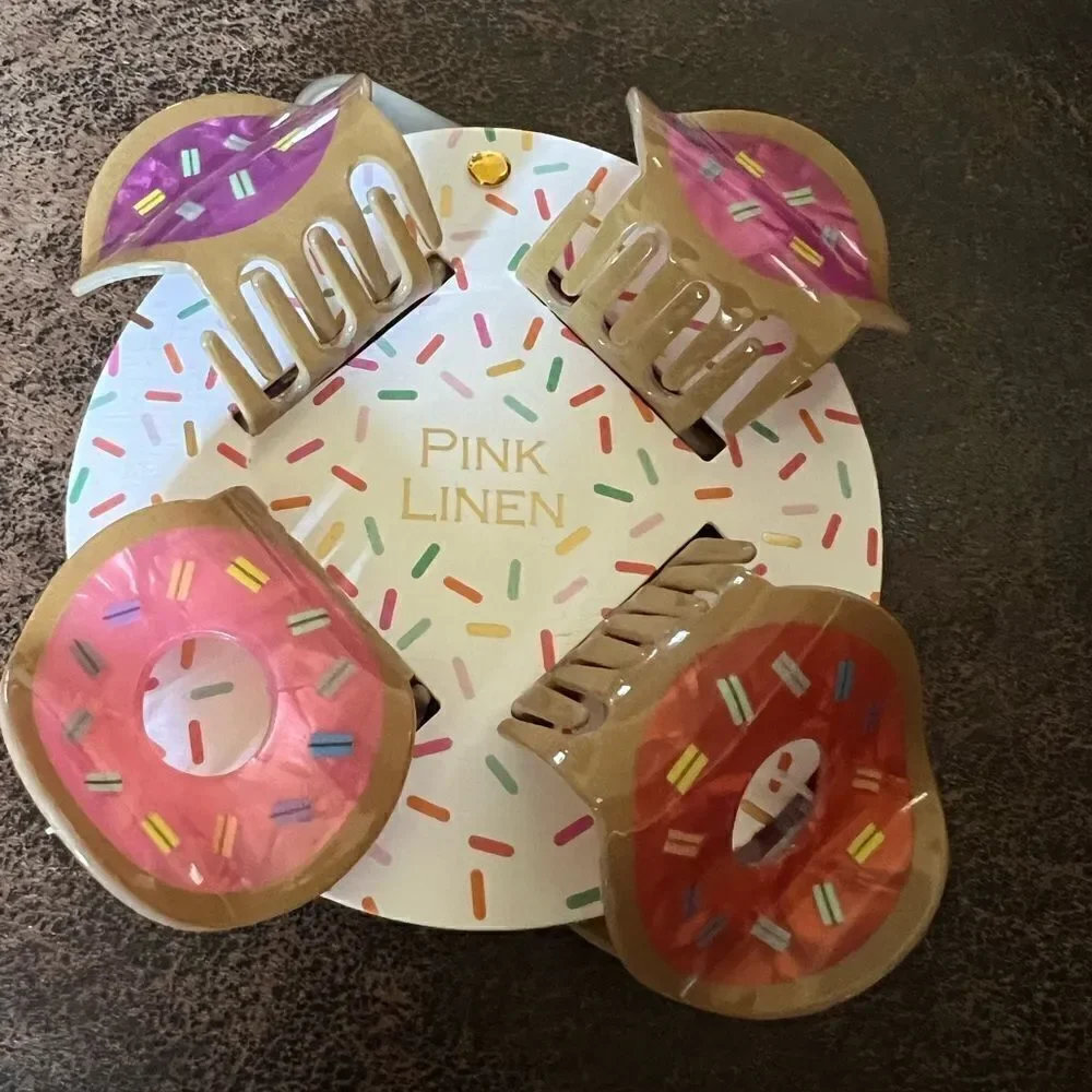 Pink Linen Sprinkled Donut Hair Clips 4 Pack
